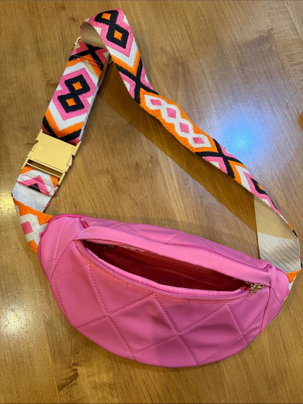 Shiraleah Hot Pink Quilted Mini Belt Bag with Multicolor Jacquard Strap